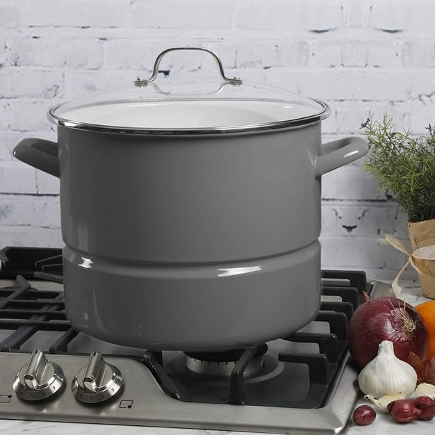 Kenmore 16 Quart Enamel On Steel Stock Pot With Steamer And Lid In Graphite Grey