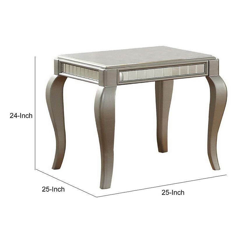 Mirror Trim Square End Table With Wooden Cabriole Legs， Champagne Silver