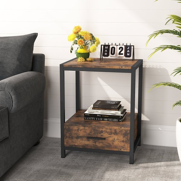 White and Gold Nightstand with Drawer and Storage Shelves