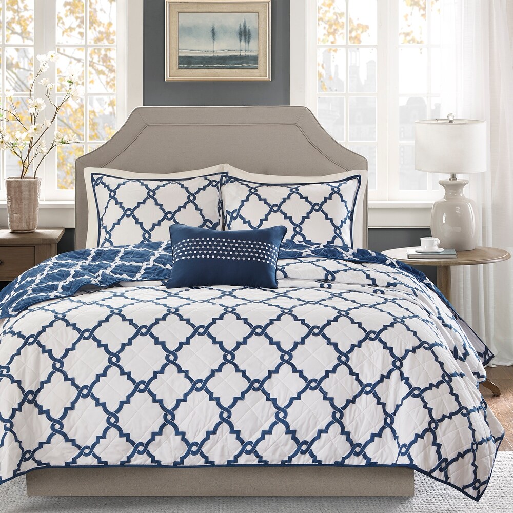 Madison Park Cole Navy 4 Piece Reversible Quilt Set with Throw Pillow