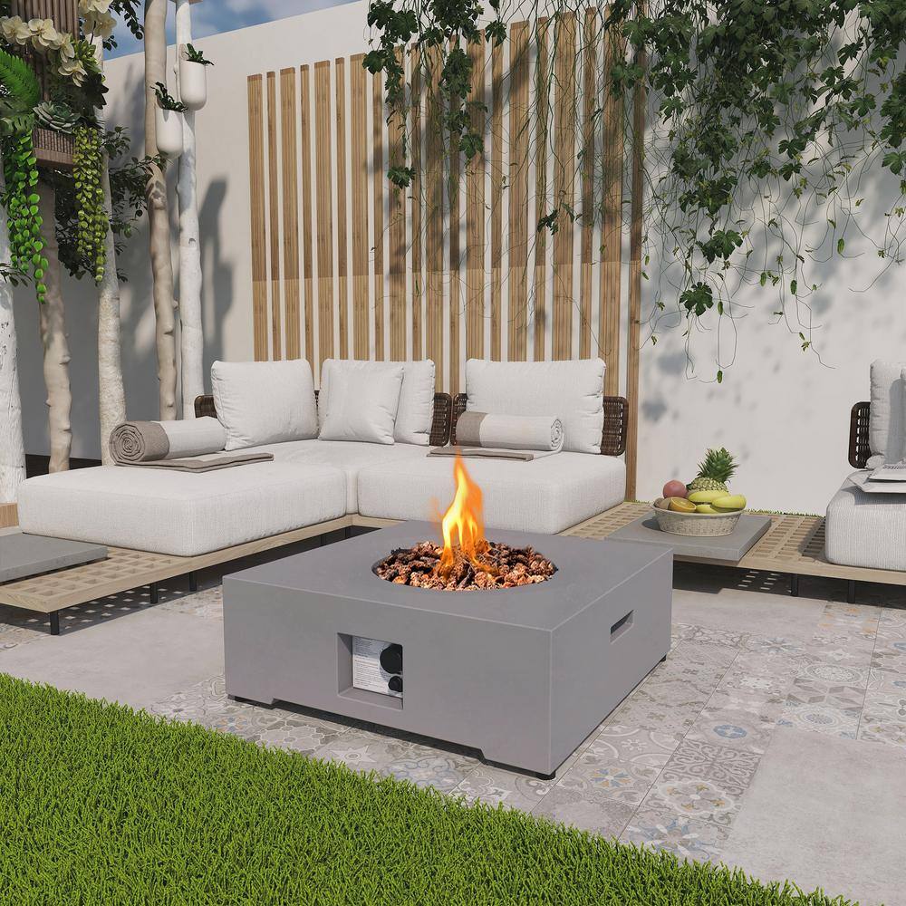 Uixe 30 in. x 11 in. Square Concrete Propane Gray Fire Pit Kit with PVC Weather Cover FOP-210501-1