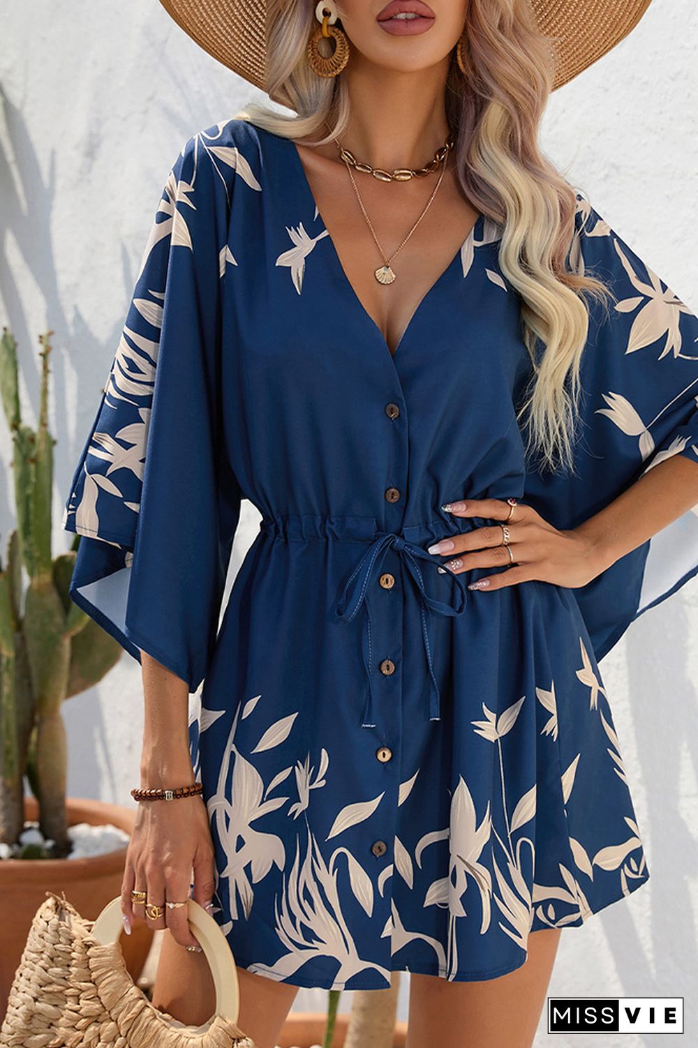 Open Button V Neck Drawstring Flare Sleeves Floral Dress