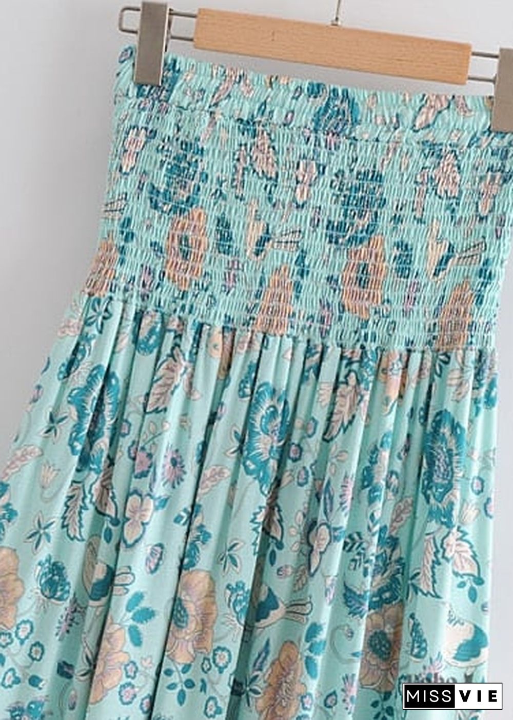 Boho Skirts in Smocked Waist, Bird Garden in Blue For Women