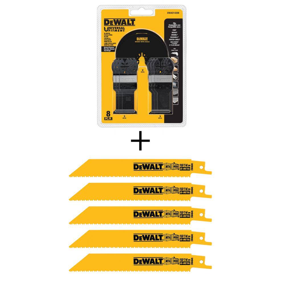 DW Oscillating Set (8-Piece) and 6 in. 1014 TPI Straight Back Bi Metal Reciprocating Saw Blade (5-Pack) DWAO14208WW4845