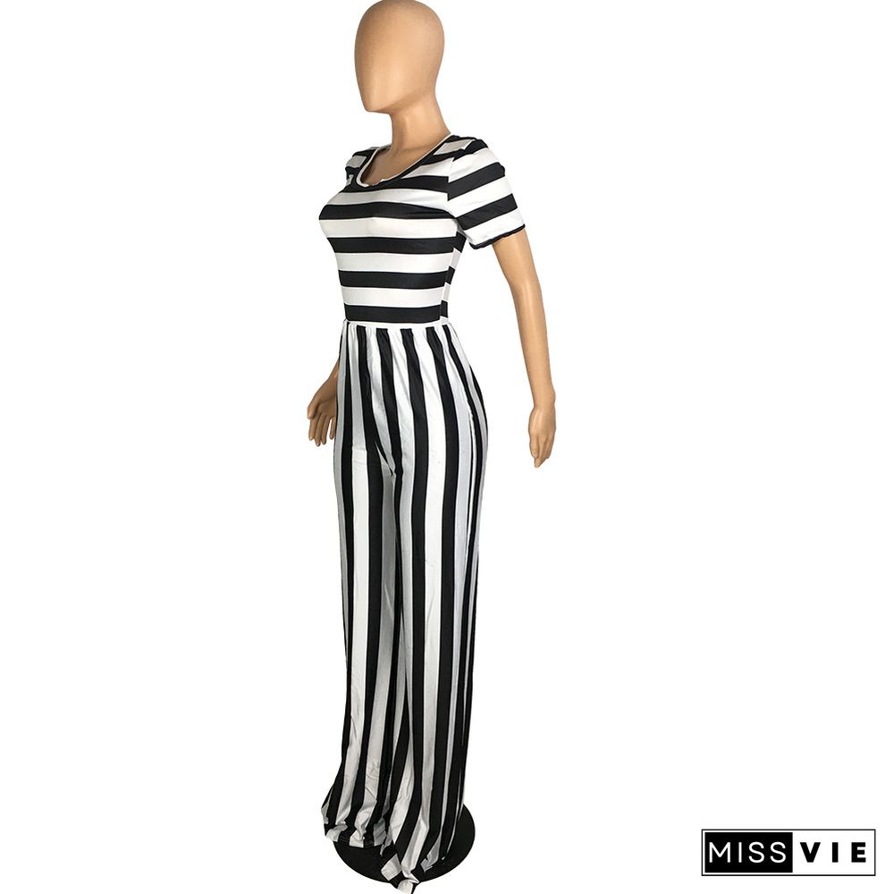 Striped Print Short Sleeve Wide Leg Jumpsuit