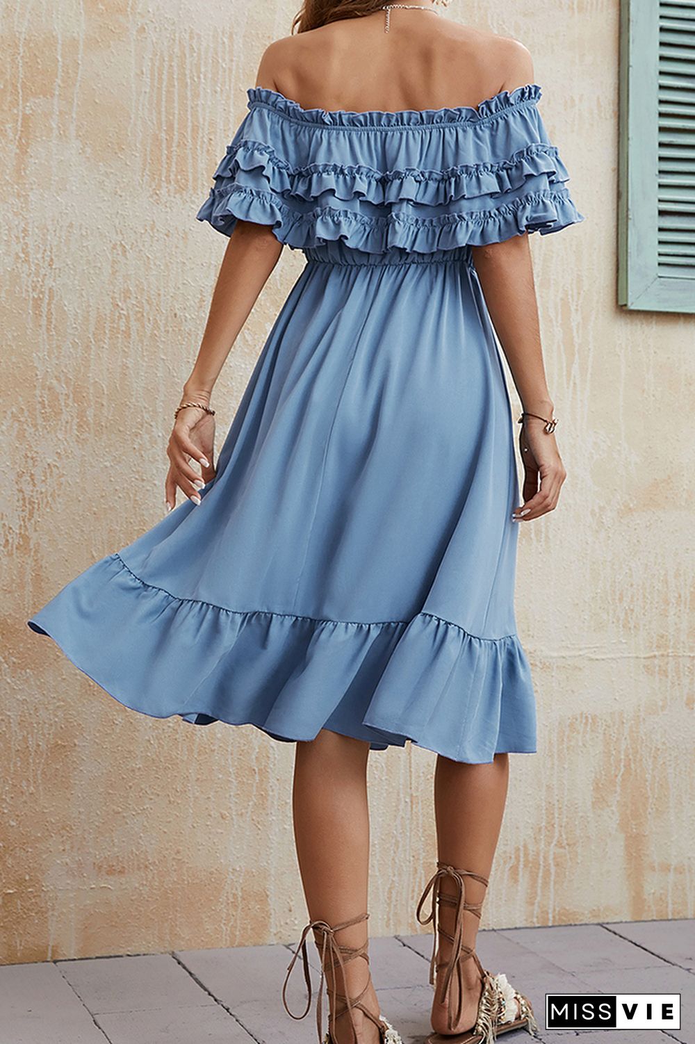 Blue Ruffles Off Shoulder Midi Dress Wholesale