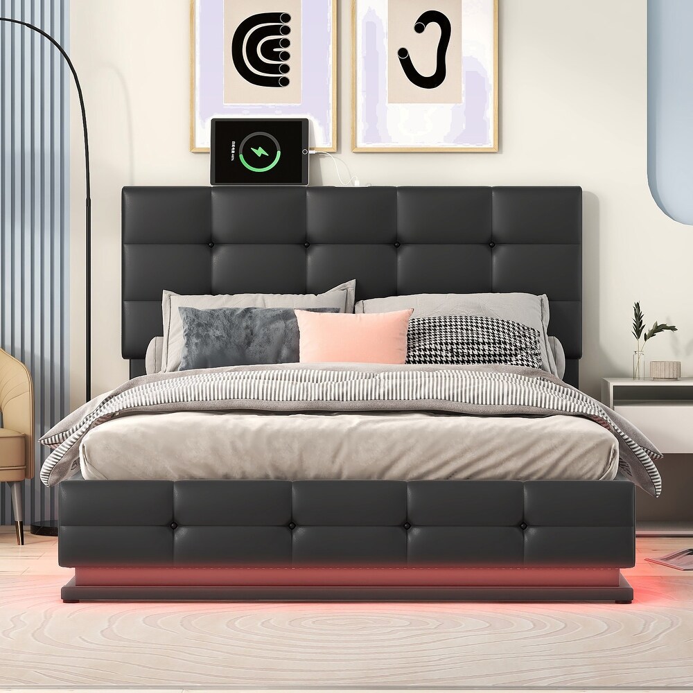 Modern Upholstered Storage Bed with LED Lights and USB charger