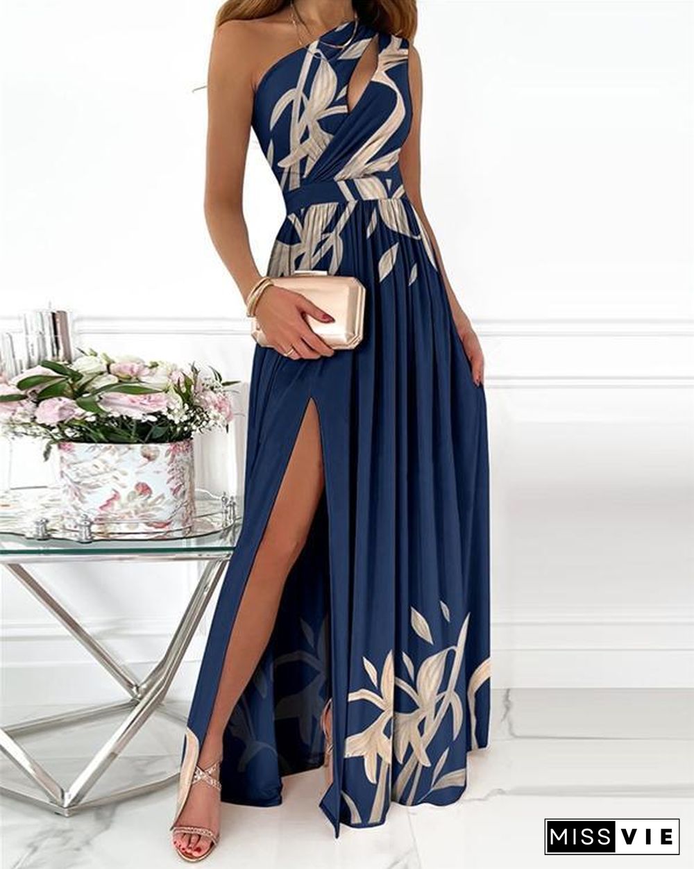 Floral Print High Slit Cutout Maxi Dress