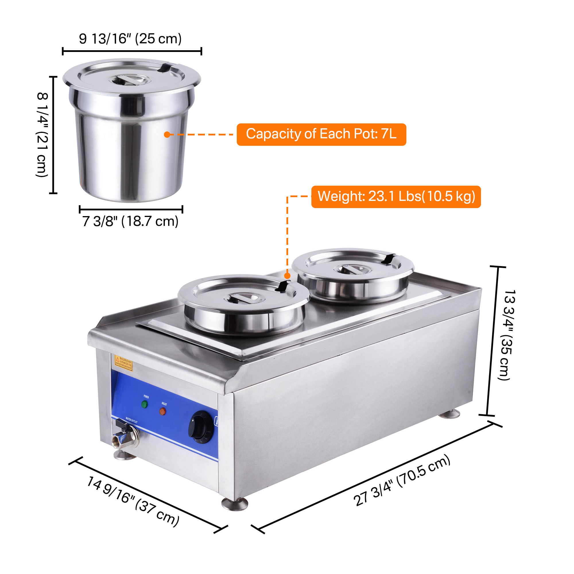 Wechef 1200W Dual Pots Countertop Food Warmer Stainless Steel Commercial Bain Marie