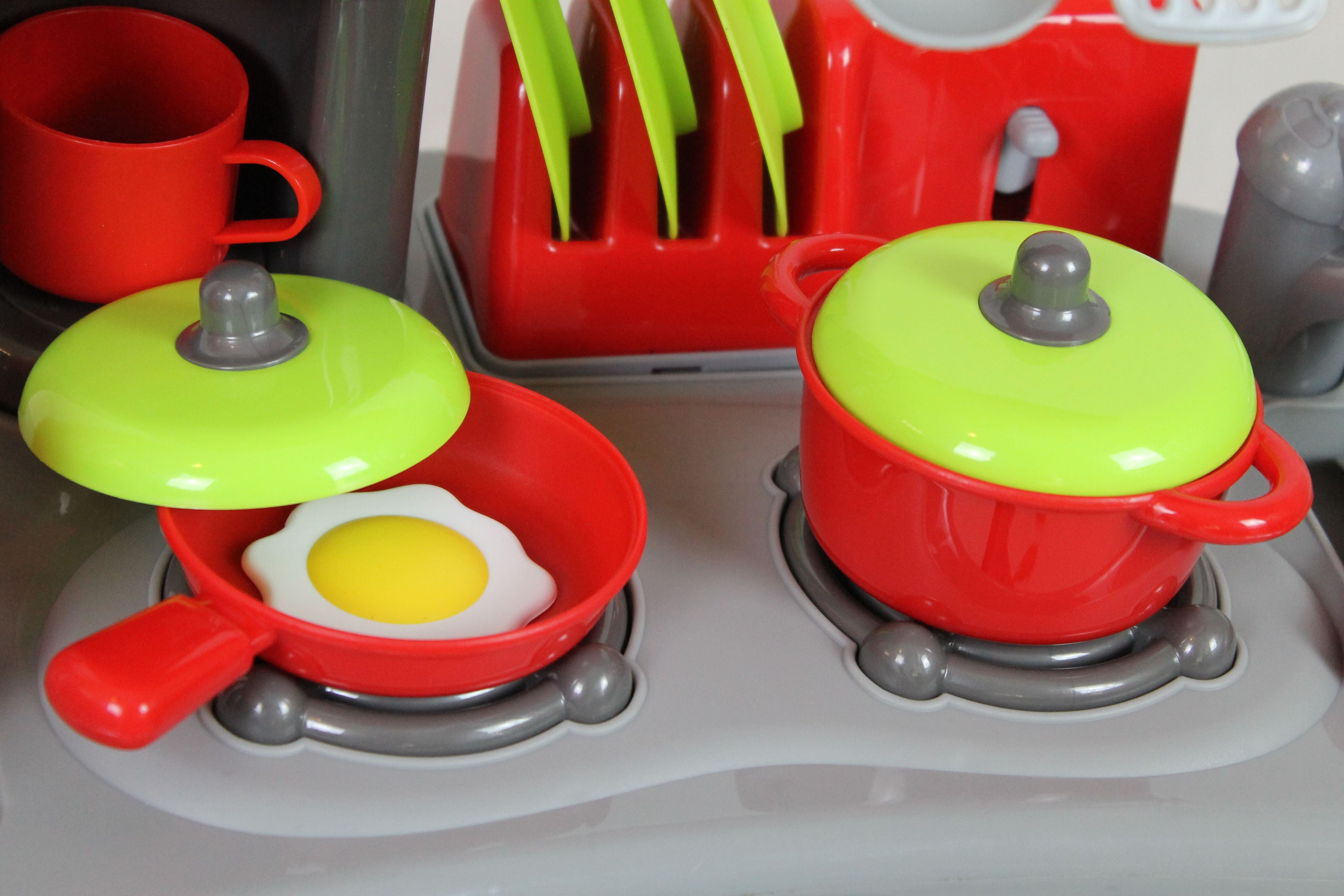 Kitchen Set Red with Sound and Light Cooking Toys Functional Kitchen Table Set with Cookware and Plastic Food 33 Pcs!