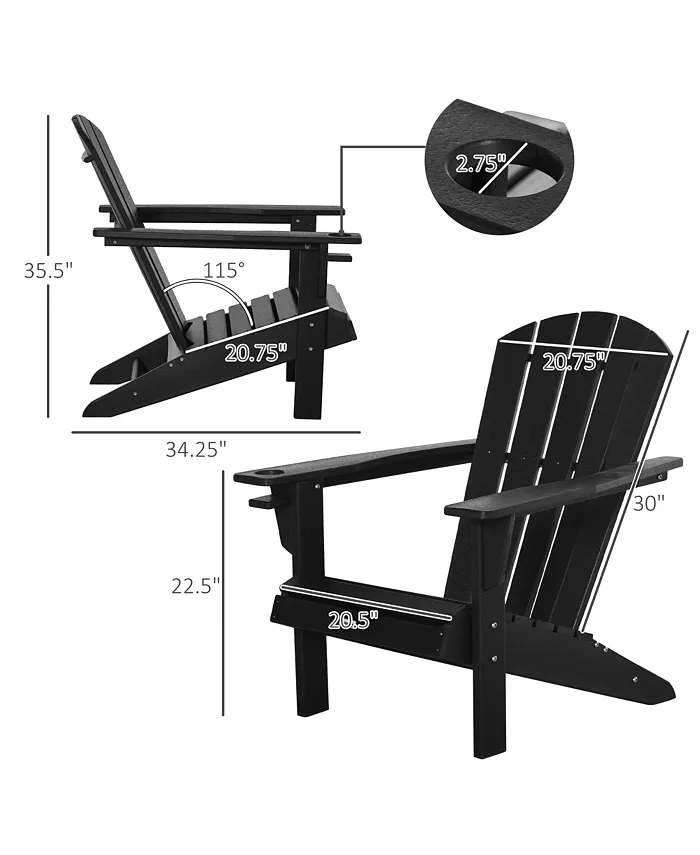 Outsunny Adirondack Chair with Cup Holder All Weather Patio Chair HDPE Lounger Fire Pit Seating High Back and Wide Seat for Outdoor Backyard Garden Deck Lawn Black