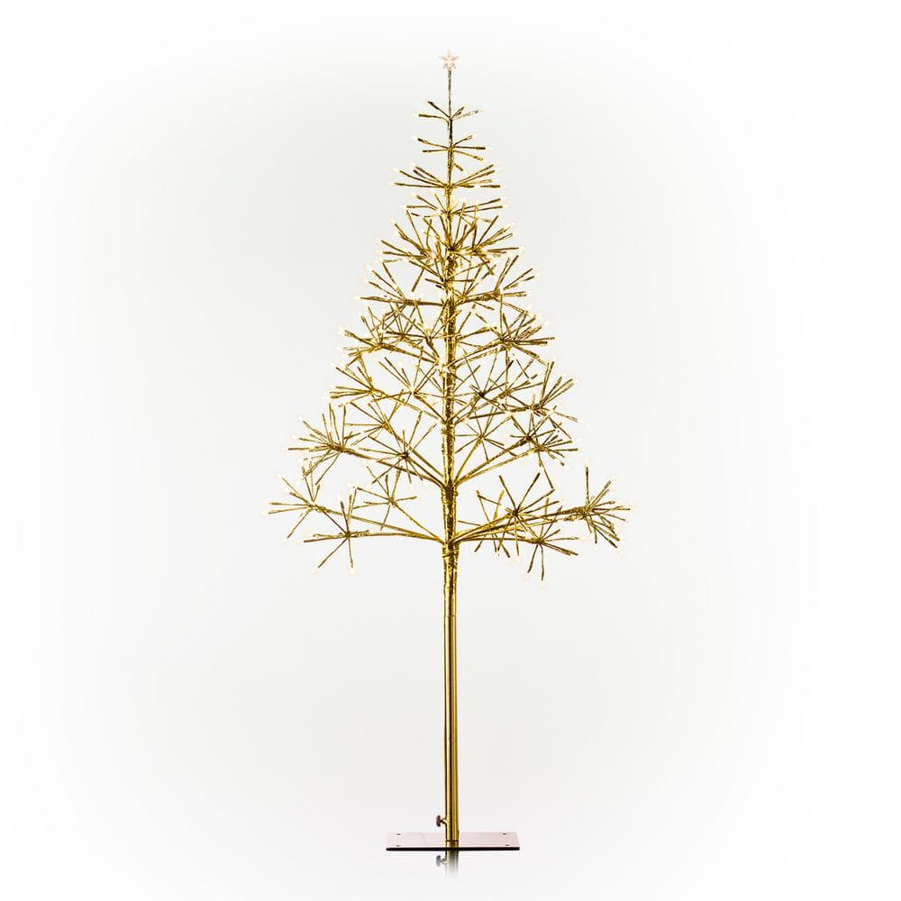 Alpine Corporation 53/61 in. Tall Indoor/Outdoor Artificial Christmas Tree with Warm White LED Lights, Gold CRD111S-GD