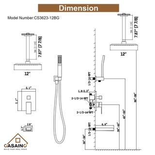 CASAINC Single-Handle 1-Spray Patterns 12 in. Ceiling Mount Tub and Shower Faucet in Brushed Gold (Valve Included) CS3623-12BG