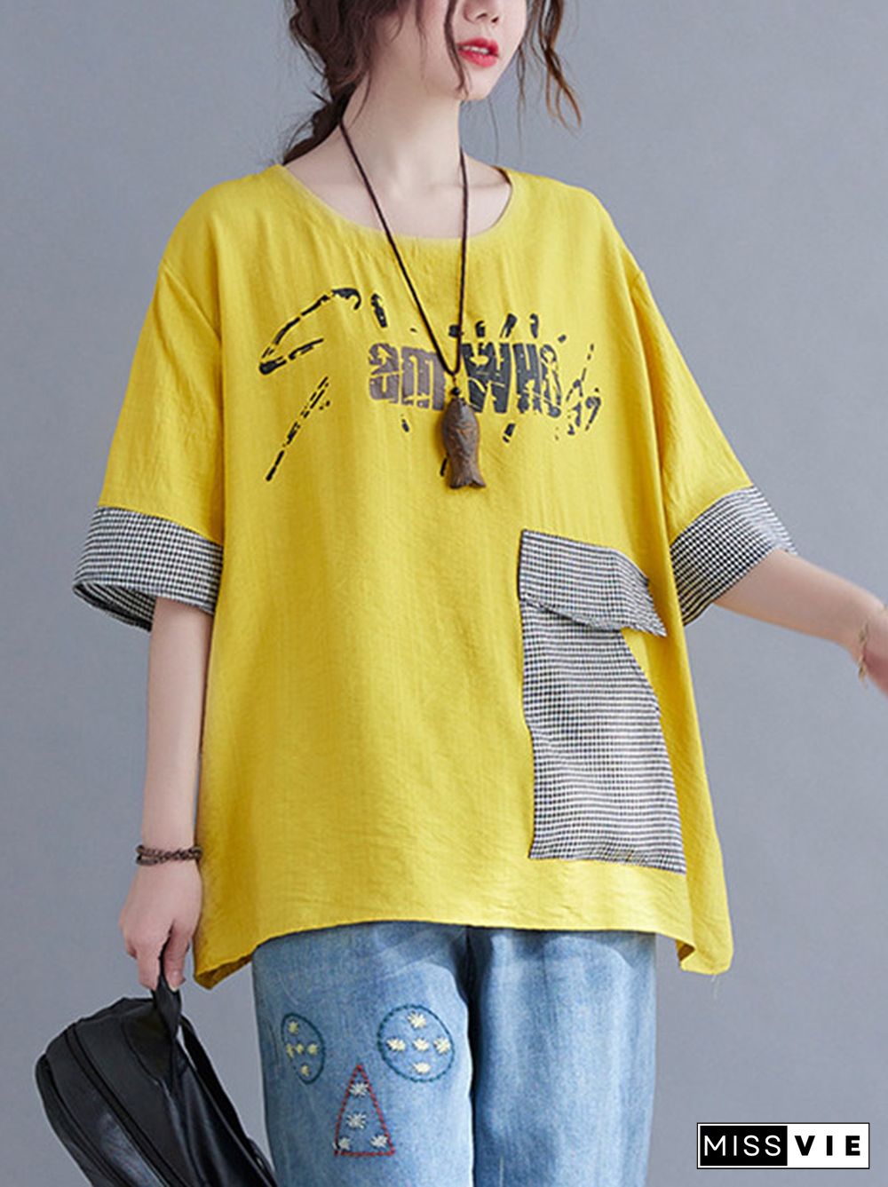 Original Letter Print Split-Joint Round-Neck T-Shirts Tops