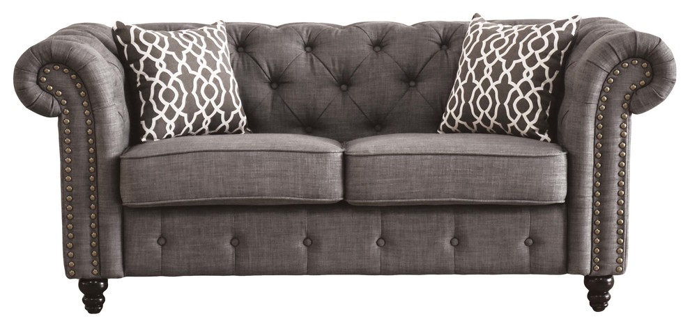 ACME Aurelia Loveseat With 2 Pillows  Gray Linen   Traditional   Loveseats   by HedgeApple  Houzz