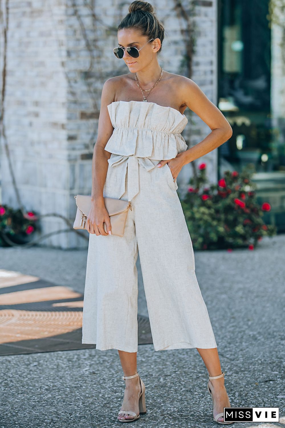 Beige Ruffled Strapless Wide Leg Jumpsuit