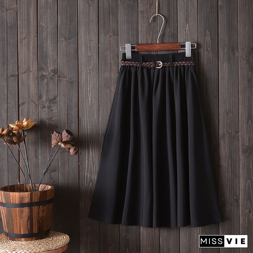 Midi Knee Length Summer Skirt Women With Belt Ladies High Waist Pleated A-Line School Skirt Female