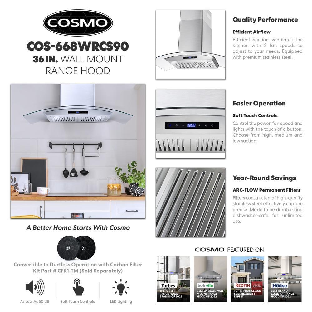 Cosmo 36 in Convertible Wall Mount Range Hood with Touch Controls LED Lighting and Permanent Filters in Stainless Steel