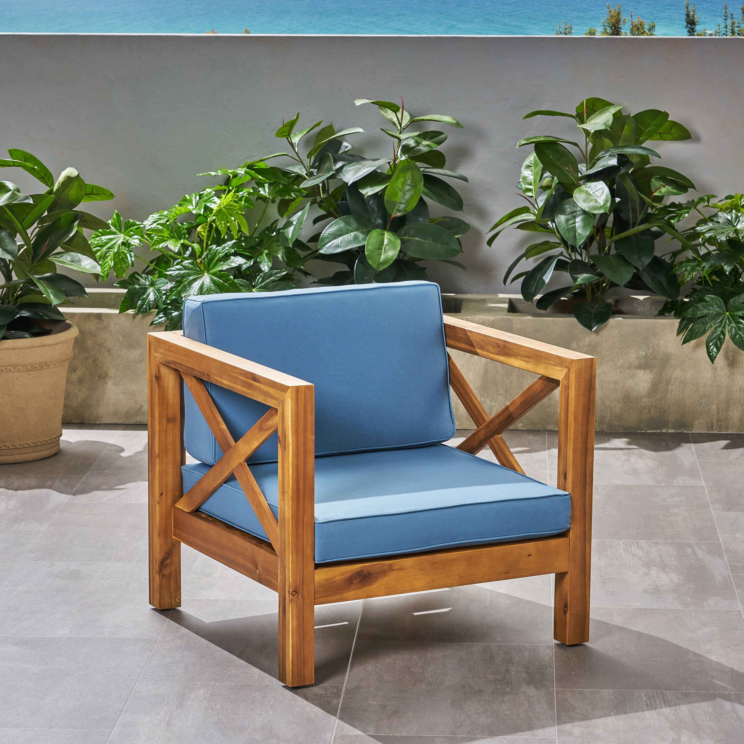 Indira Outdoor Acacia Wood Club Chair with Cushion