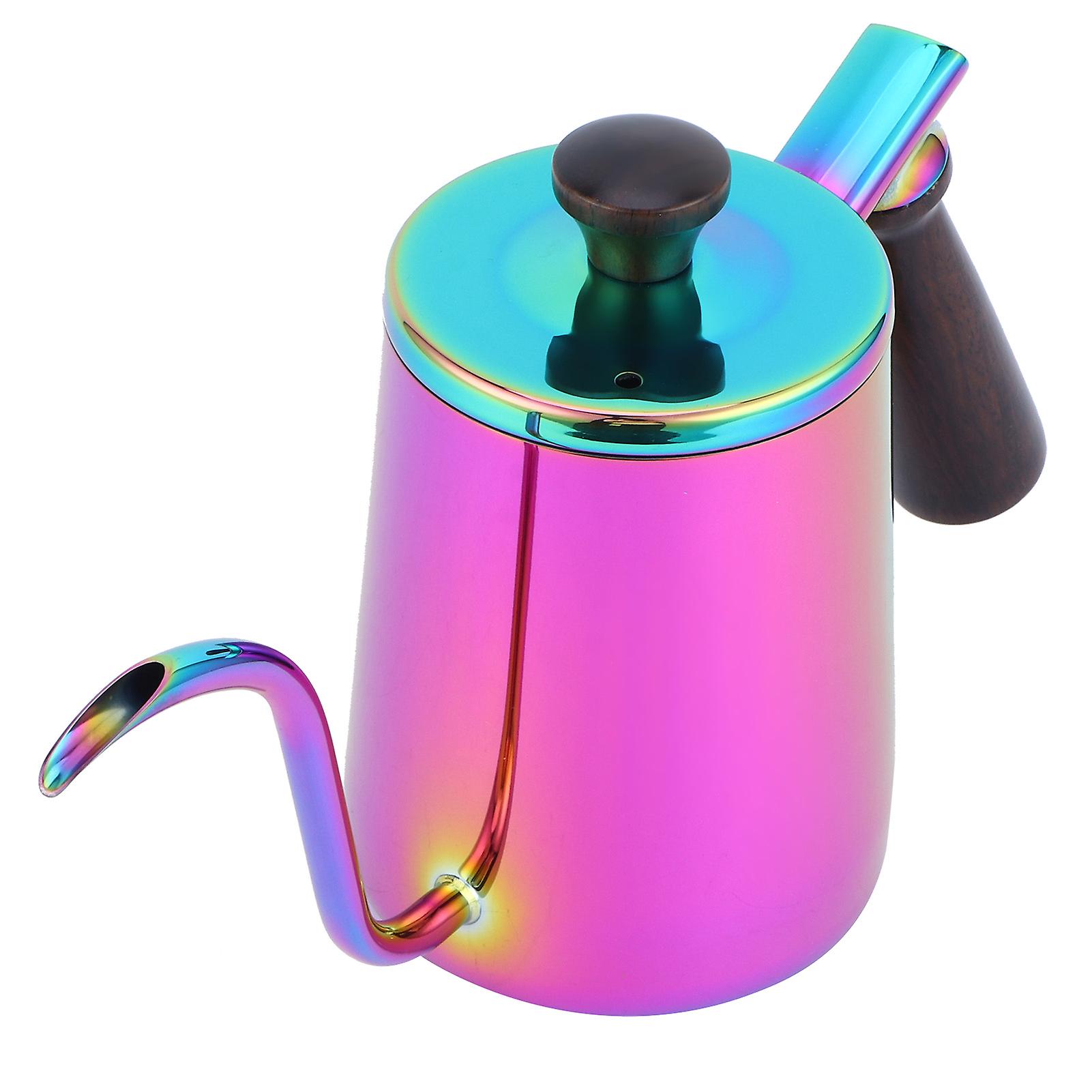 Pour-over Coffee Kettle， Stainless Steel Goose Neck Kettle 700ml Colorful Long Narrow Spout Coffee Tea Drip Pot With Wooden Handle For Home Office[col