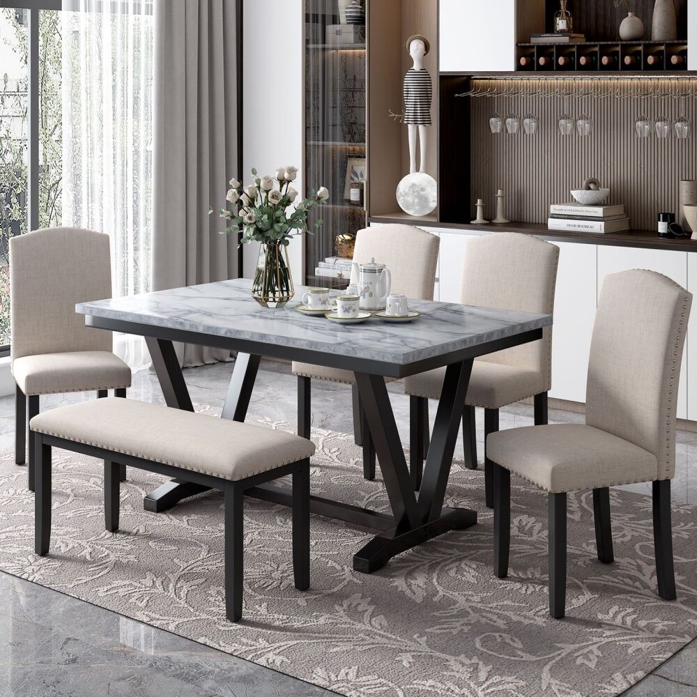 6 piece Dining Table with Marbled Veneers Tabletop and 4 Chairs   1 Bench