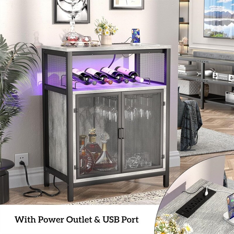 Wine Bar Cabinet with RGB Light and Outlet   23.6\