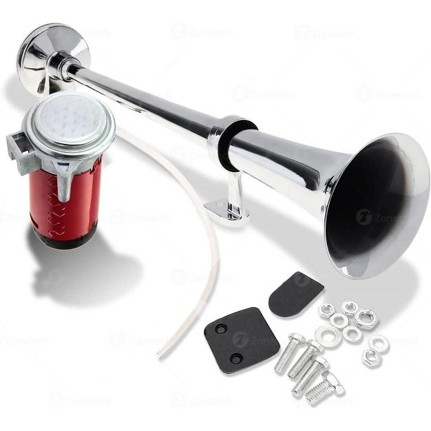 Zone Tech 12v Single Trumpet Air Horn silver Single Trumpet Air Horn Relay Included Chrome Compressor Super Loud 150db