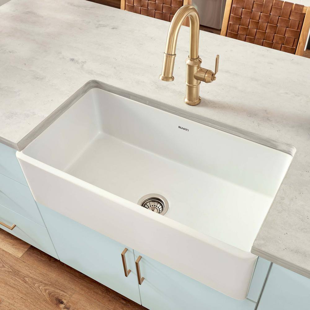 Ruvati Farmhouse Apron-Front Fireclay 33 in. x 20 in. Reversible Single Bowl Kitchen Sink in White RVL2300WH