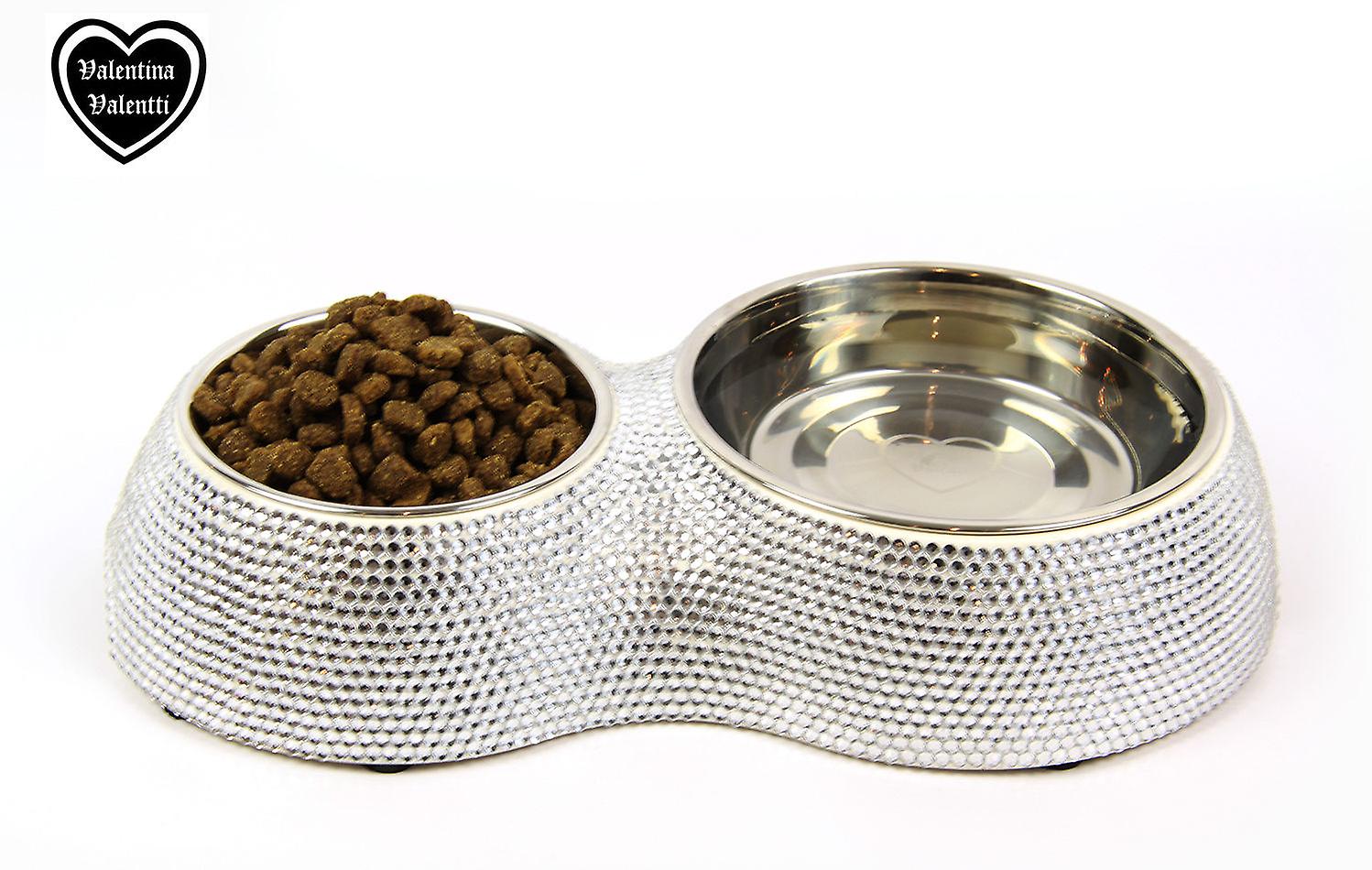 Valentina Valentti Cat Dog Pet Feeder Crystallised Double Pet Food Bowl Silver S