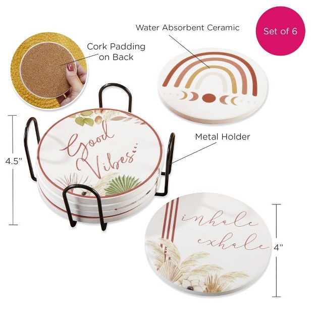 Kate Aspen Boho Ceramic Coaster With Holder set Of 6 23251na