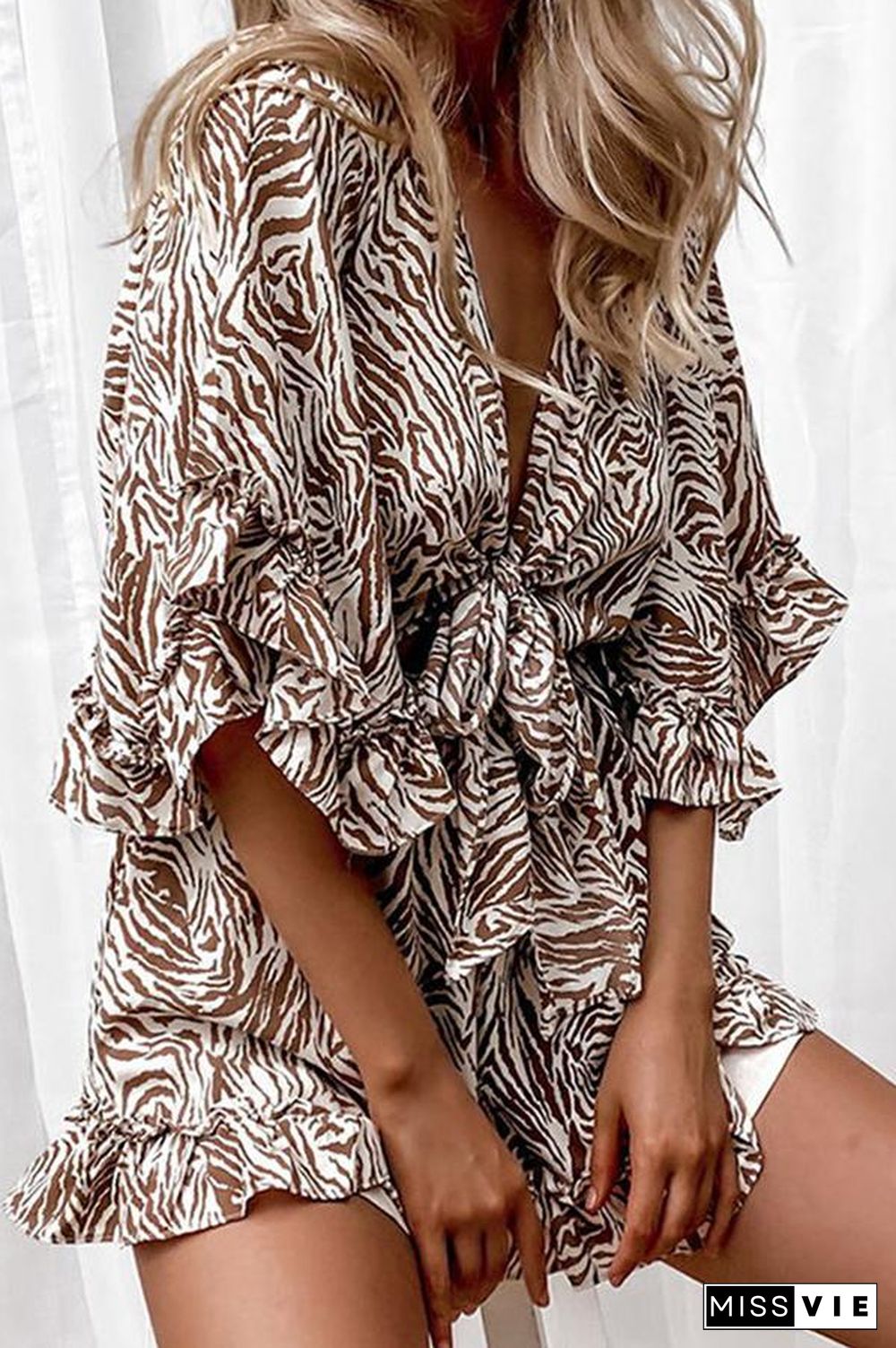 Zebra Print Bell Sleeves Tie Front Romper