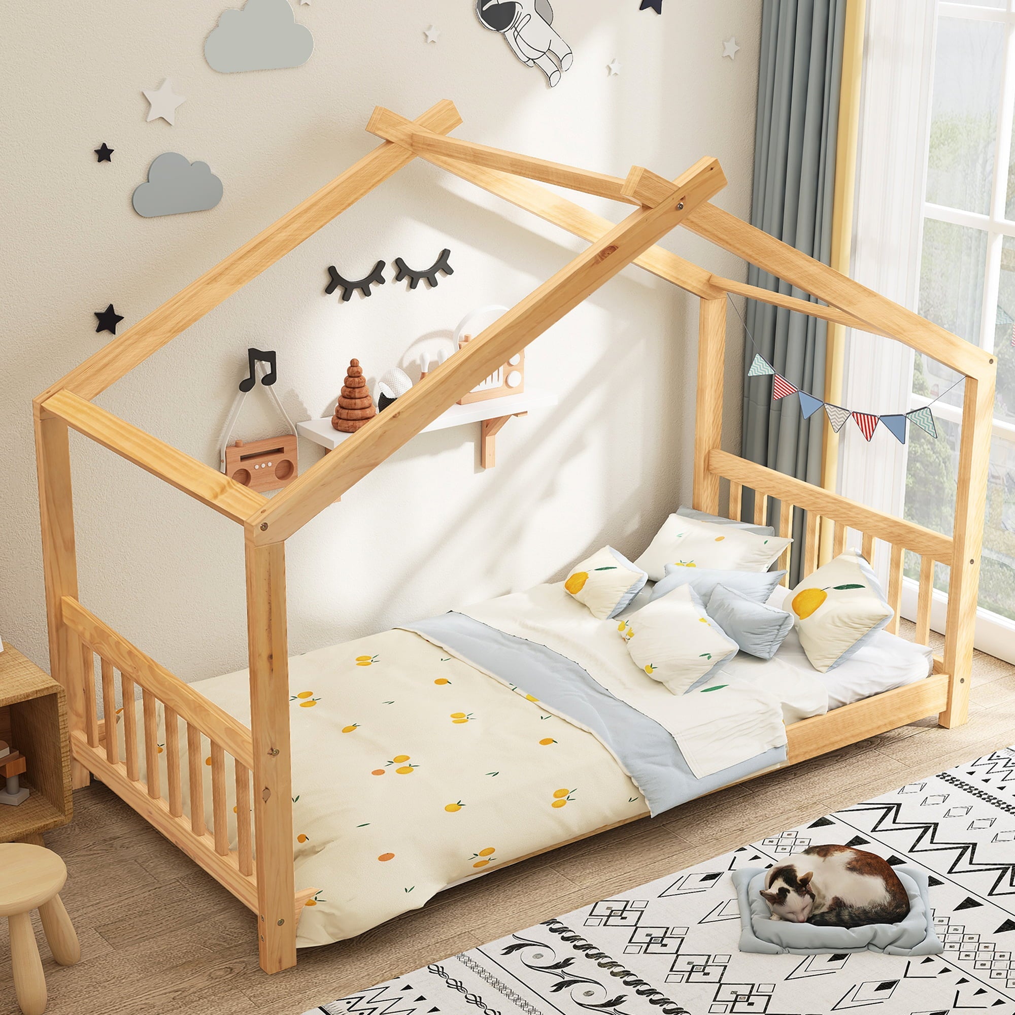 Euroco Wood House-Shaped Platform Bed for Kids, Wood Color