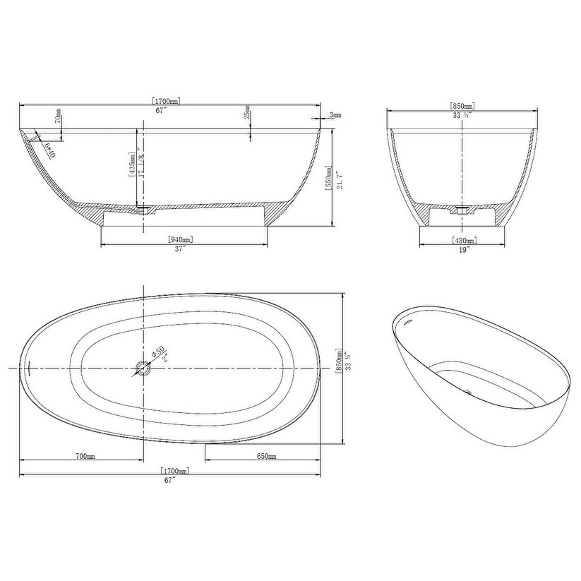 67 in. W Solid Surface Freestanding Flatbottom Soaking Bathtub