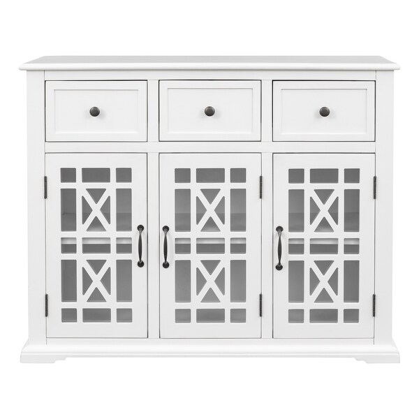 Wood Storage Cabinet with 3 Glass Doors， 3 Drawers and Interior Shelf Large Storage Space， Entryway Kitchen Dining Room