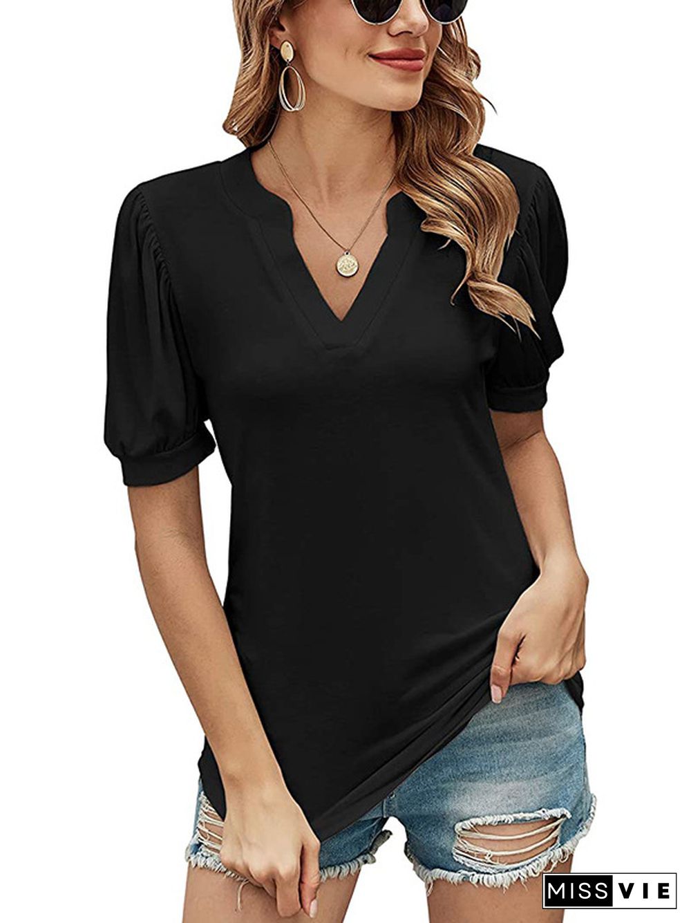 Simple Solid Color V-Neck Puff Sleeves T-Shirt Top