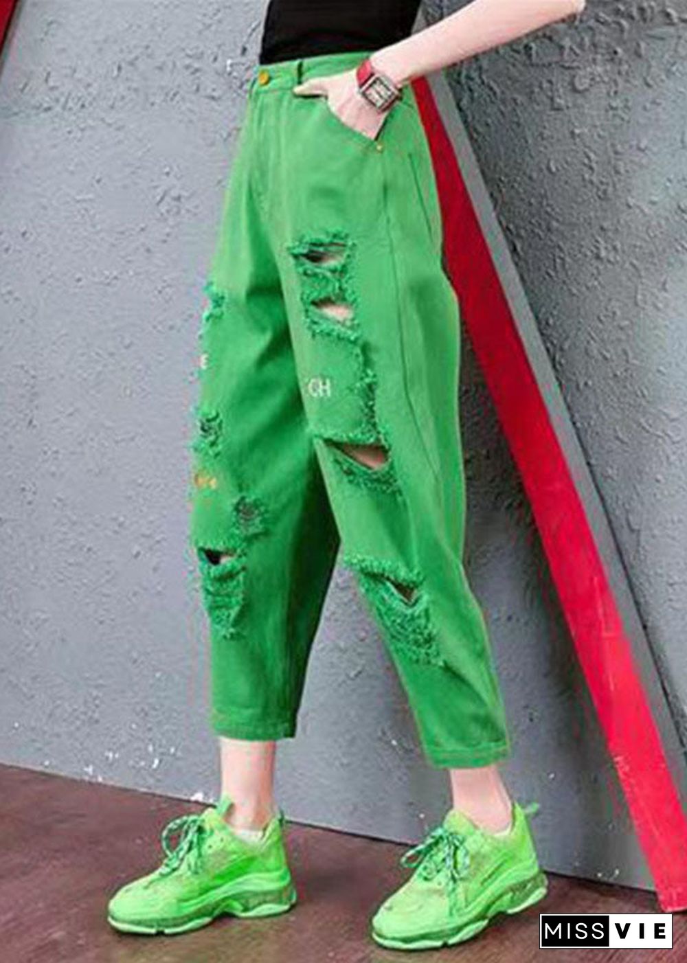 French Green Letter Embroideried Pockets Cotton Harem Pants Summer