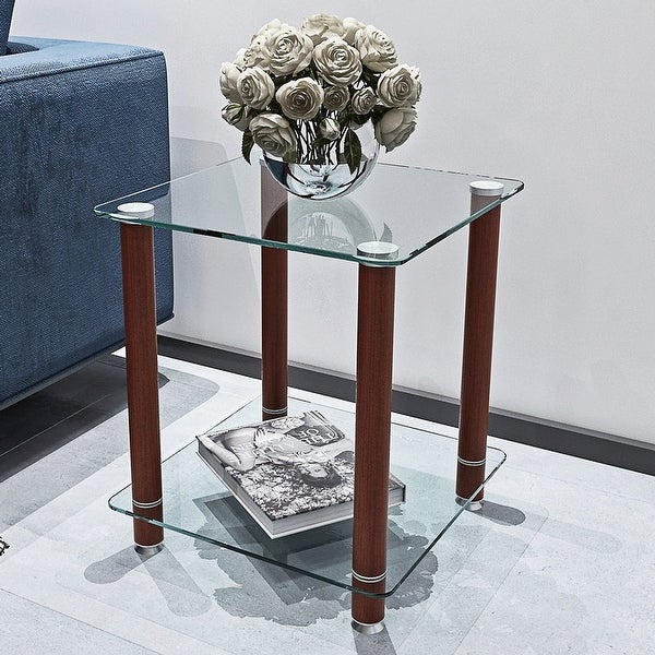 2-Tier Glass Metal Side Table with Storage Shelve