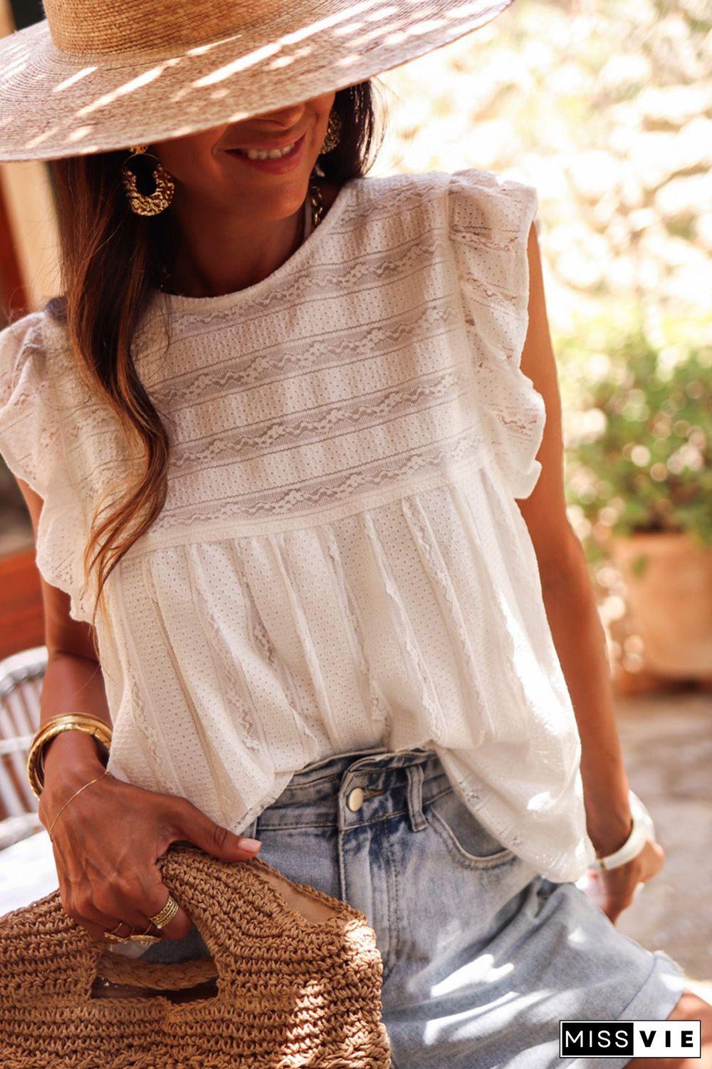 White Ruffled Lace Flowy Tank Top