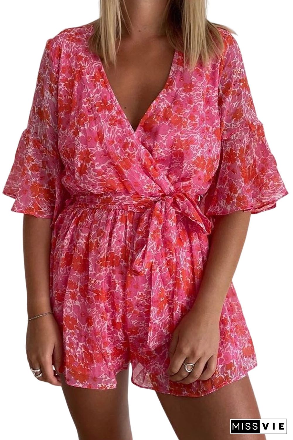 Pink V Neck Ruffled Sleeve Floral Romper