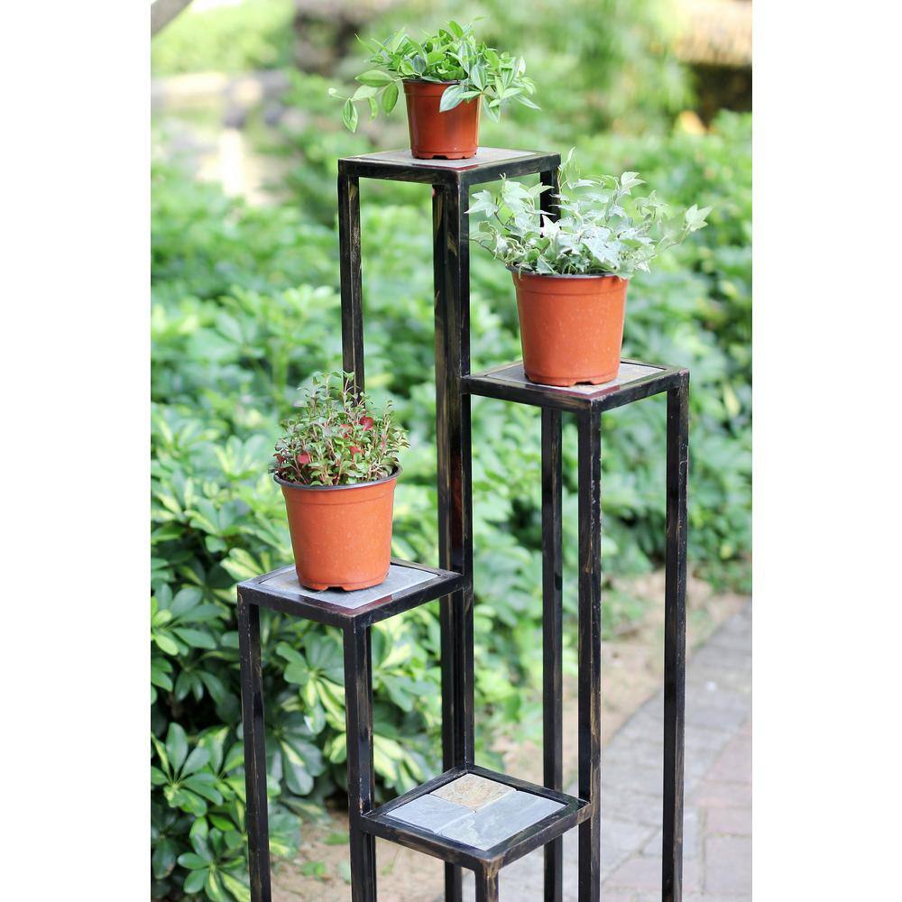 ORE International 47.25 in. 4-Tier Gray Stone Slab Black/Gold Square Cast Metal Indoor Plant Stand LB-1714B