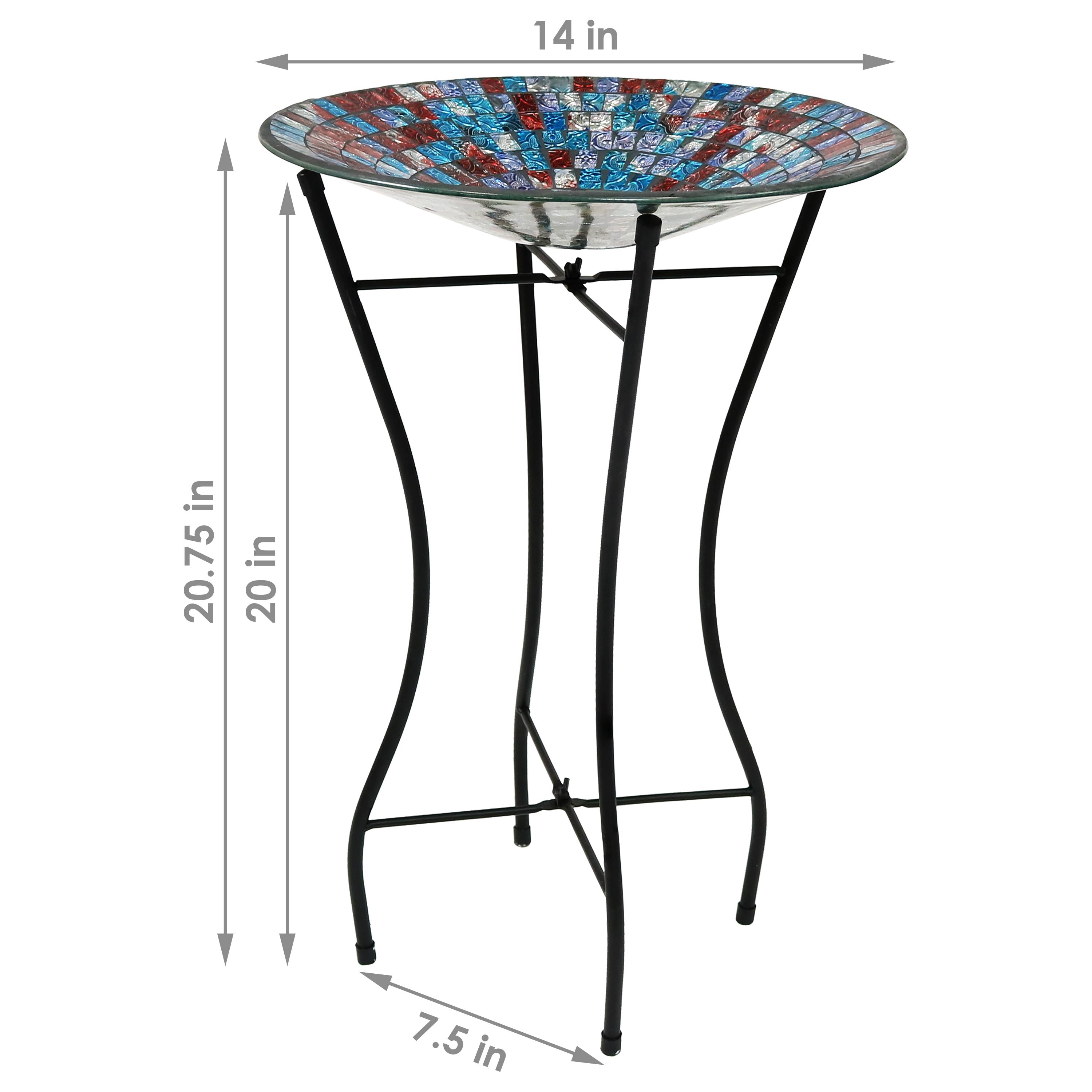 Sunnydaze Outdoor Garden Patio Bird Bath with Metal Stand and Multi-Colored Mosaic Tile Design Bowl - 14"