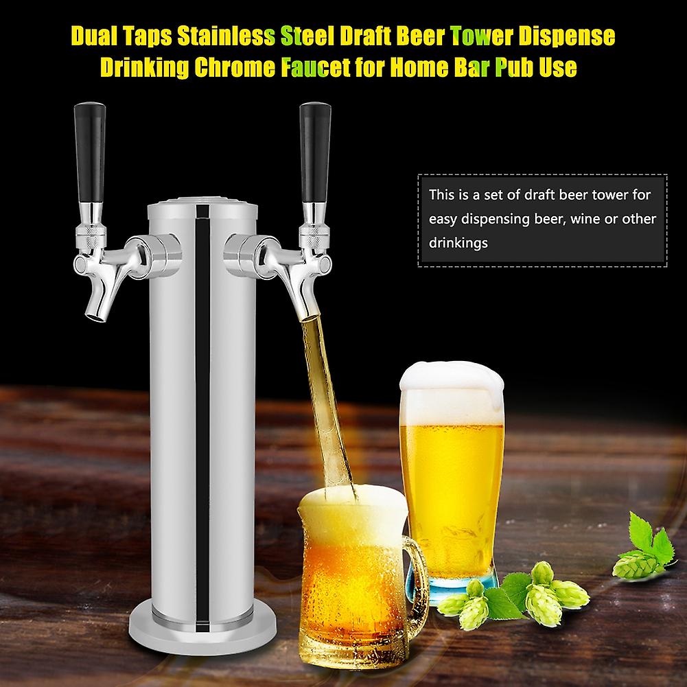 Stainless Steel Dual Tap Draft Beer Tower For Home Bar Pub Use With Chrome Faucet