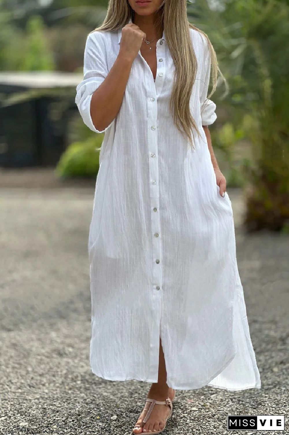 Casual Solid Buttons Turndown Collar Shirt Dresses