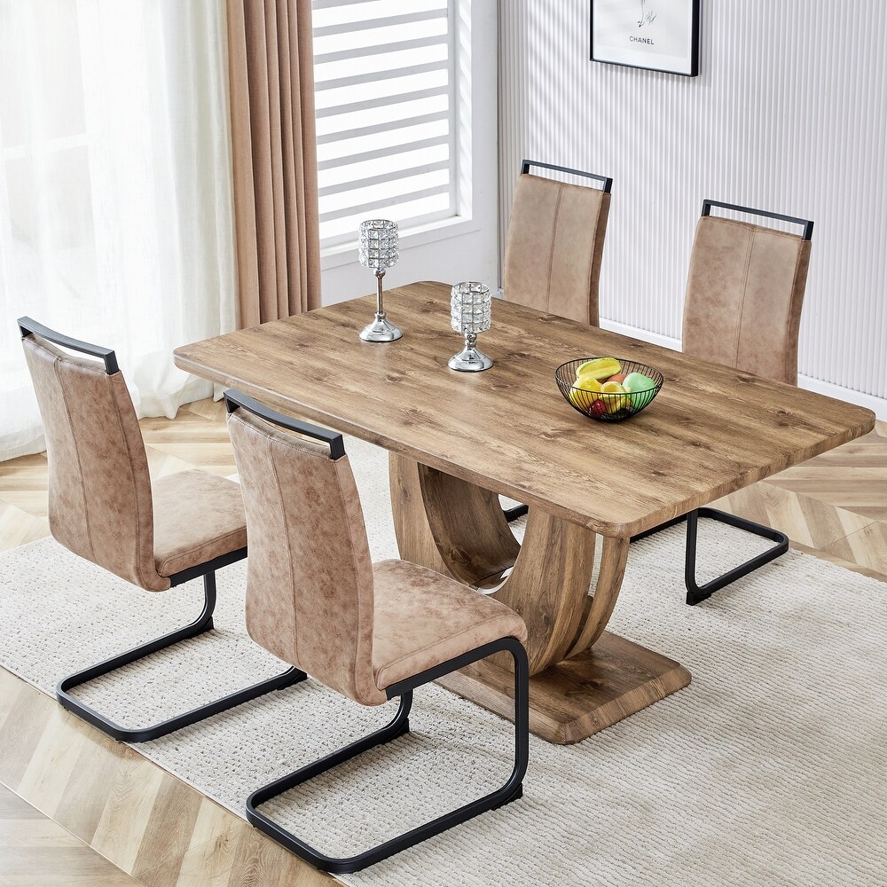 Rectangular 5 Piece Marble Dining Table Set with PU Leather Chairs