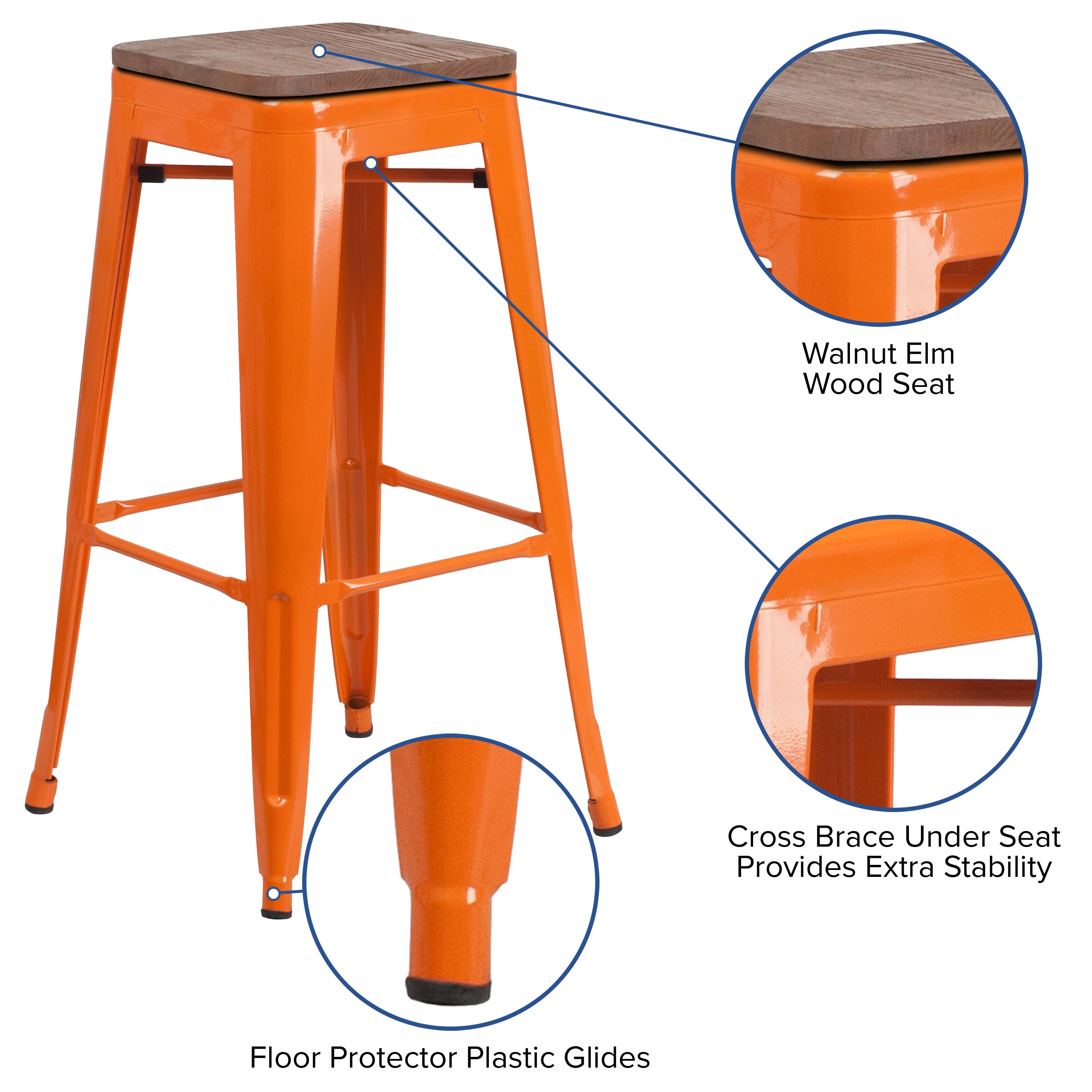 BizChair 30 High Backless Orange Metal Barstool with Square Wood Seat