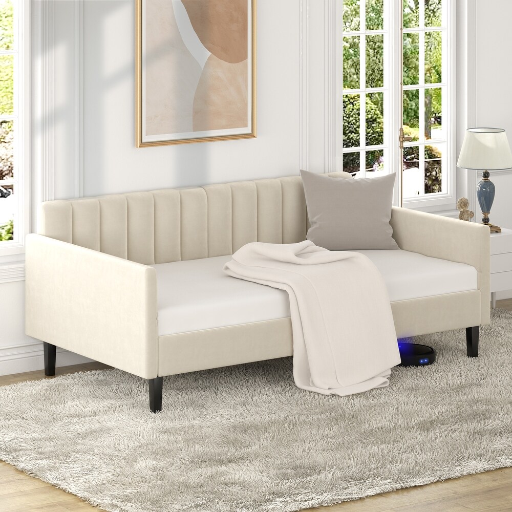 Twin Size Ivory Velvet Upholstered Daybed  Ribbed Tufted Backrest  Daybed in Lavish Modern Design  Richly Foam hued for Bedroom