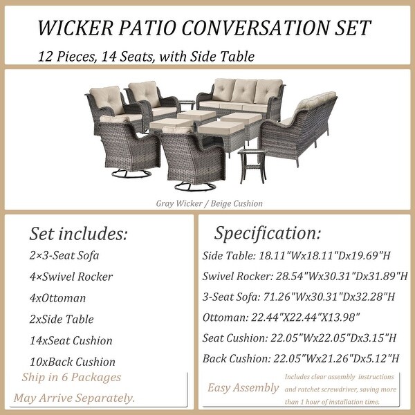 Wicker Patio Furniture Conversation Set with High Back Swivel Chairs and Storage Ottomans，Cushions Included🎃