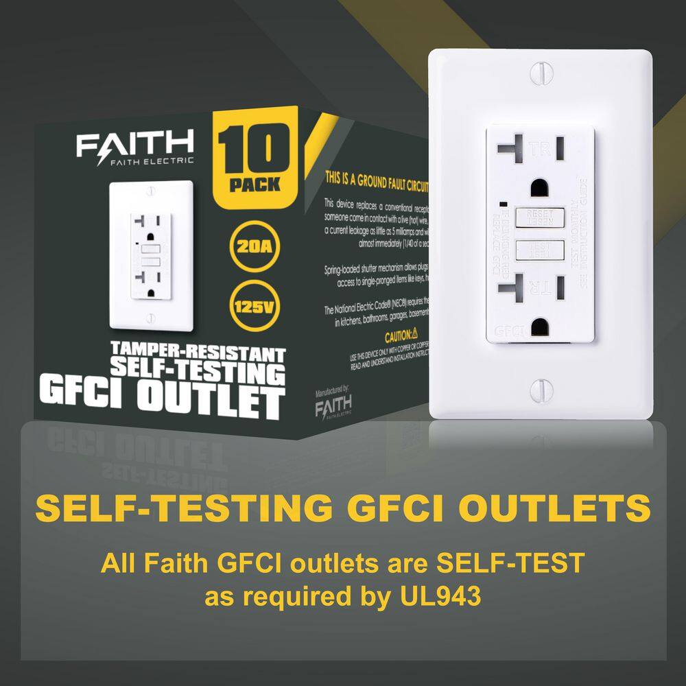 Faith 20-Amp 125-Volt GFCI Duplex Tamper Resistant Outlet GFI Receptacle with Indicator Light and Wall Plate White (10-Pack) GLS-20ATR-WH-10