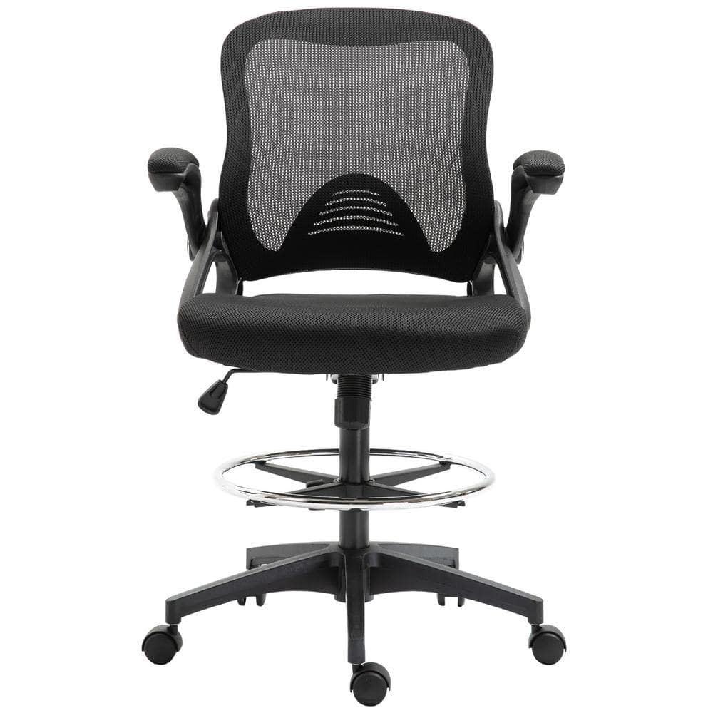 Vinsetto Black Drafting Office Chair with Lumbar Support, Flip-Up Armrests, Footrest Ring and Adjustable Seat Height 921-190