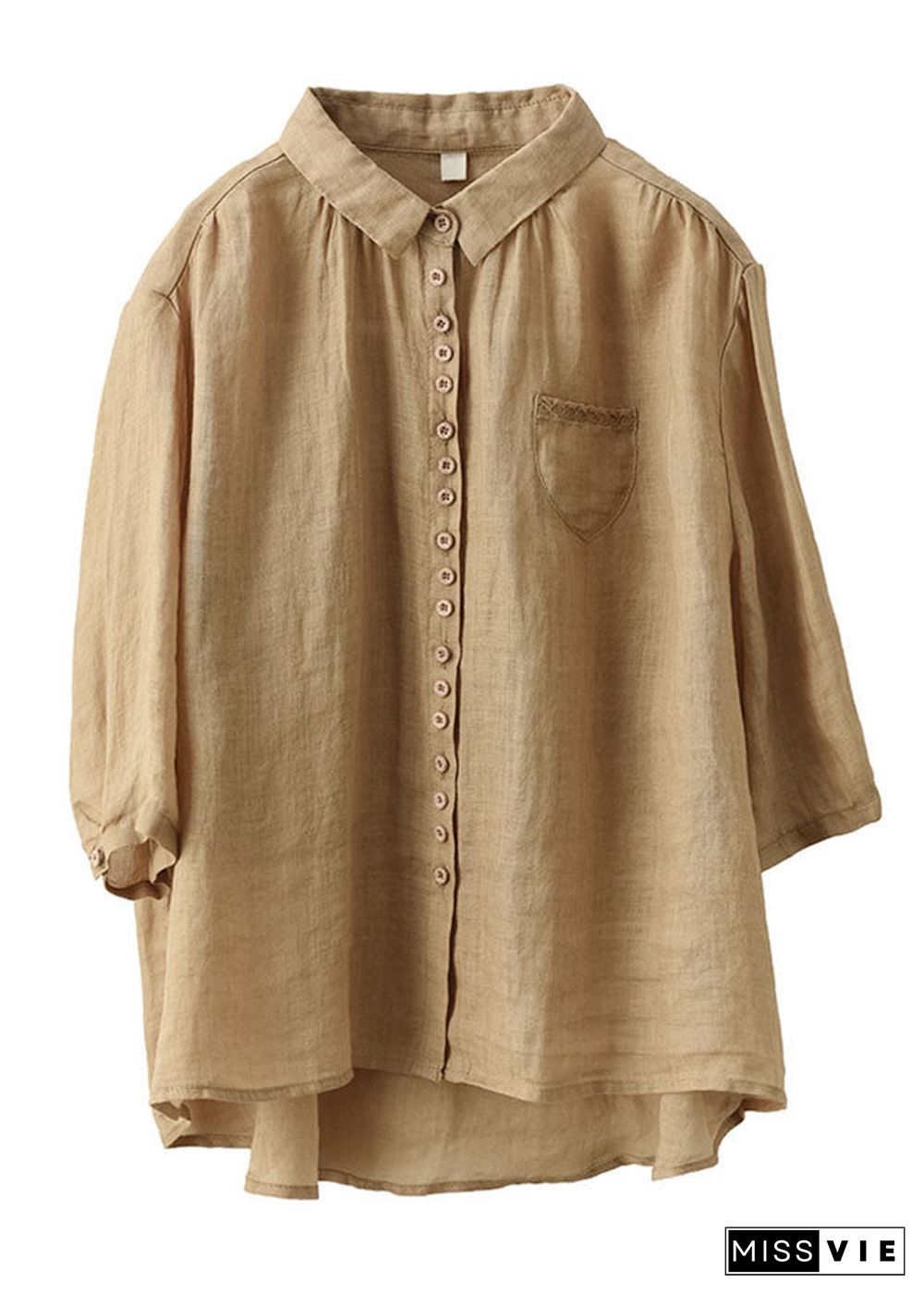 Casual Khaki Solid Button Pockets Linen Shirt Tops Half Sleeve